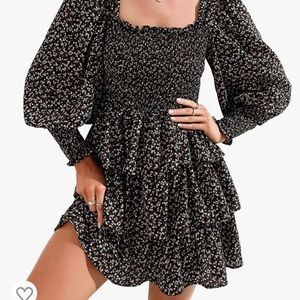 Ruffle Dress Long Sleeve Floral Print Tiered Tie Back Layered Swing